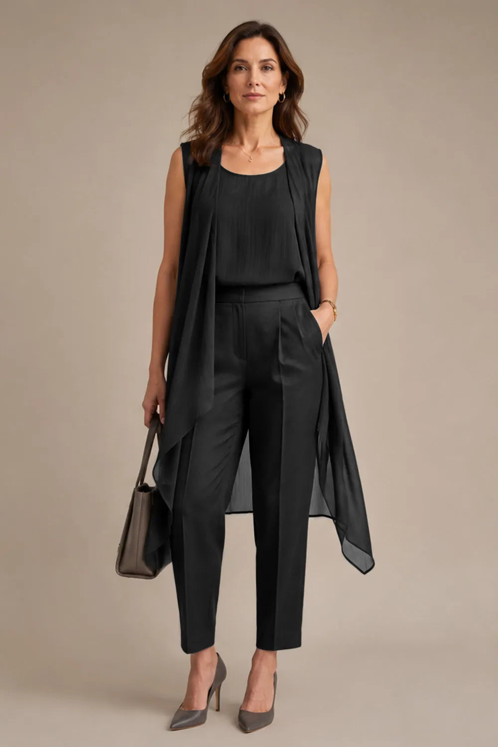Sleeveless Formal Pant Suit with Flowing Overlay