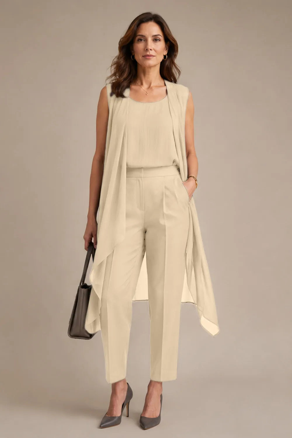 Sleeveless Formal Pant Suit with Flowing Overlay
