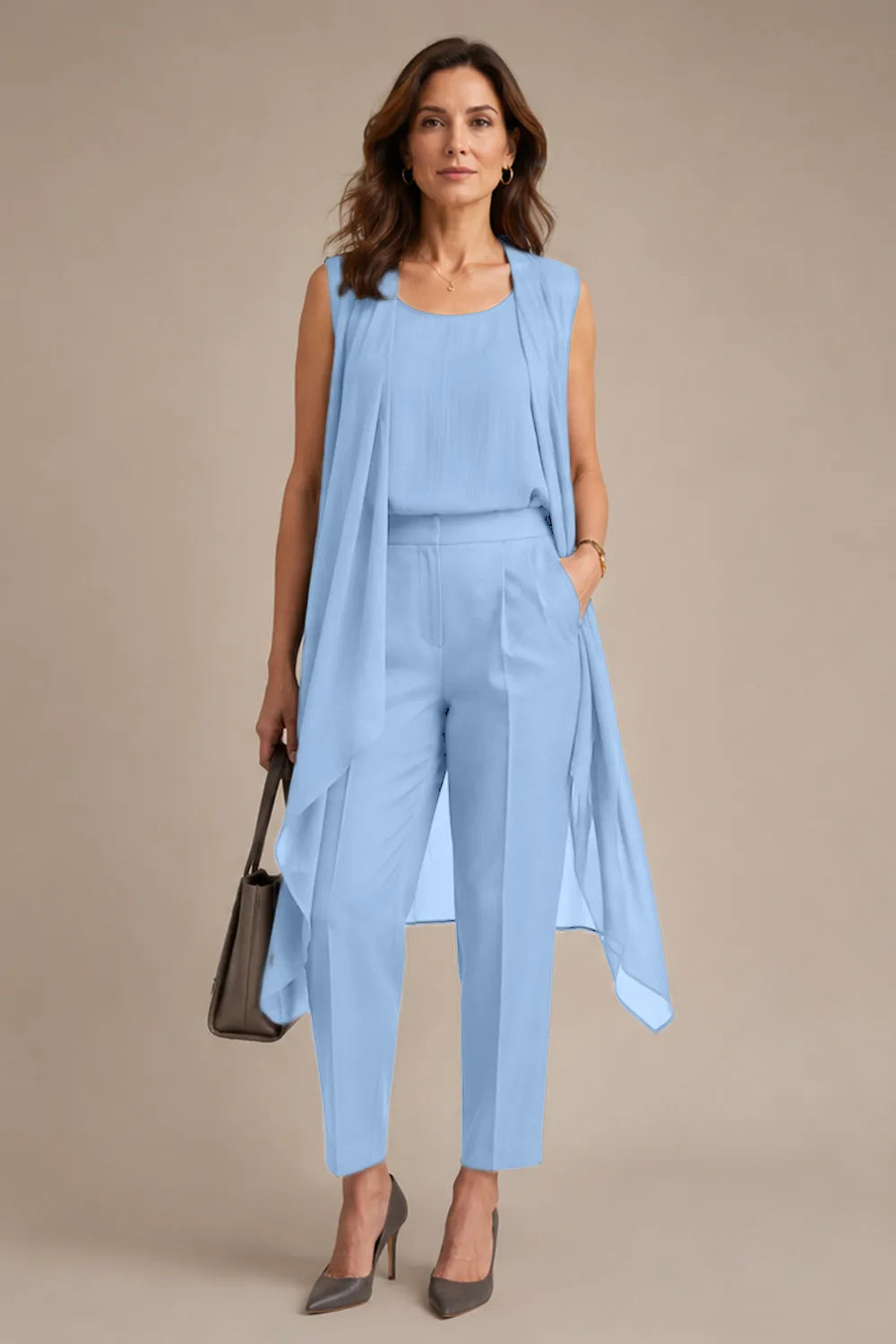 Sleeveless Formal Pant Suit with Flowing Overlay
