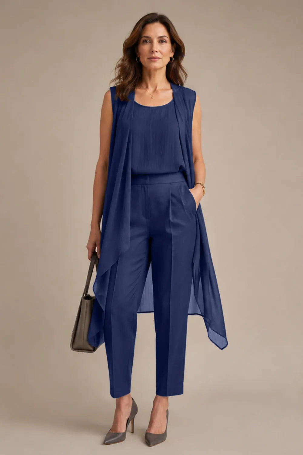 Sleeveless Formal Pant Suit with Flowing Overlay