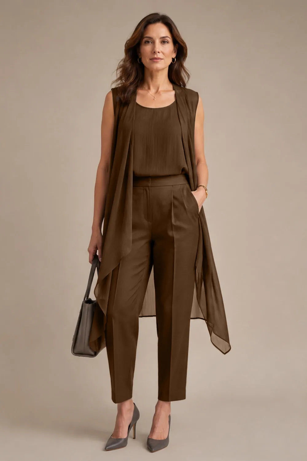 Sleeveless Formal Pant Suit with Flowing Overlay