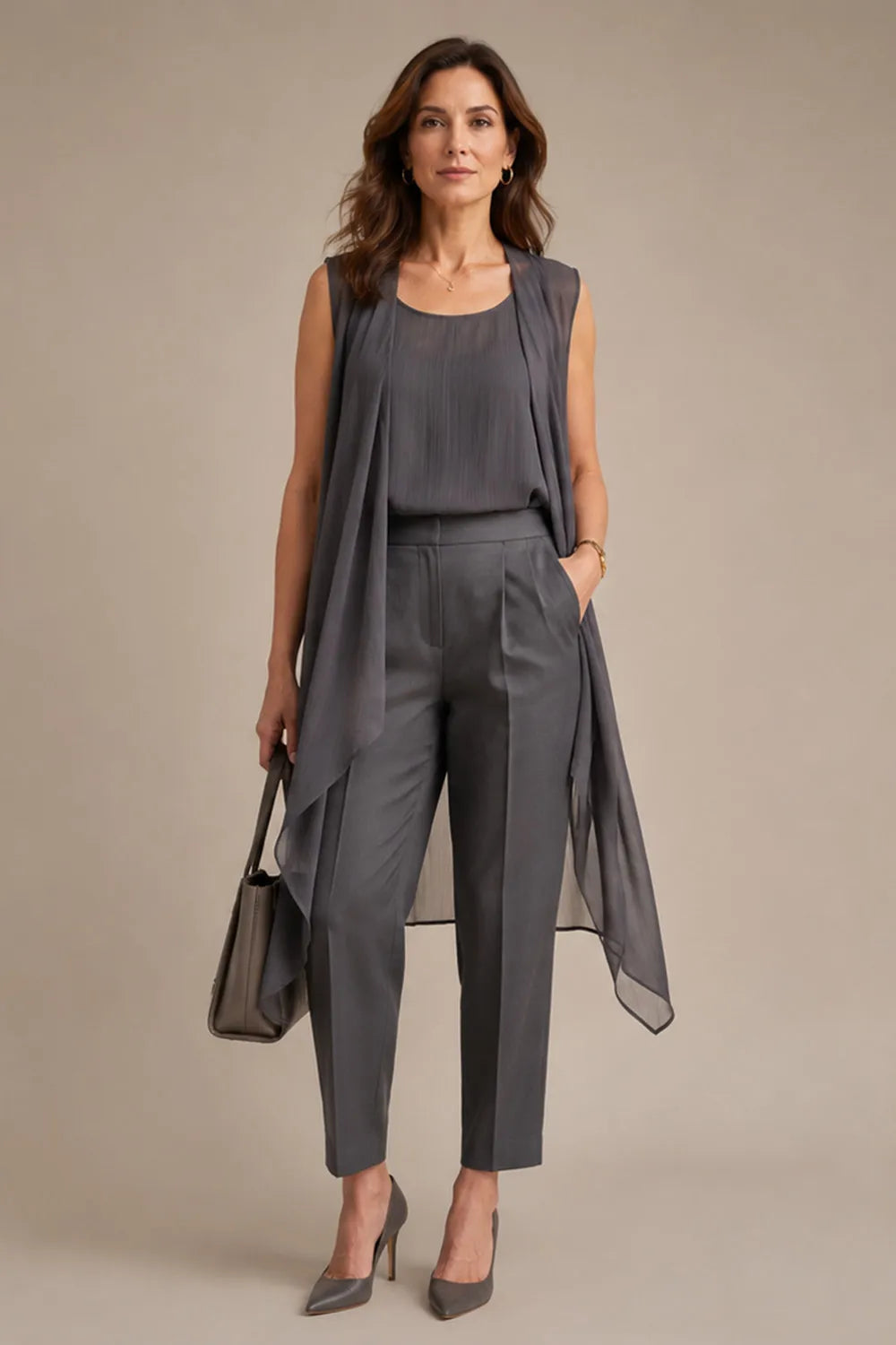 Sleeveless Formal Pant Suit with Flowing Overlay