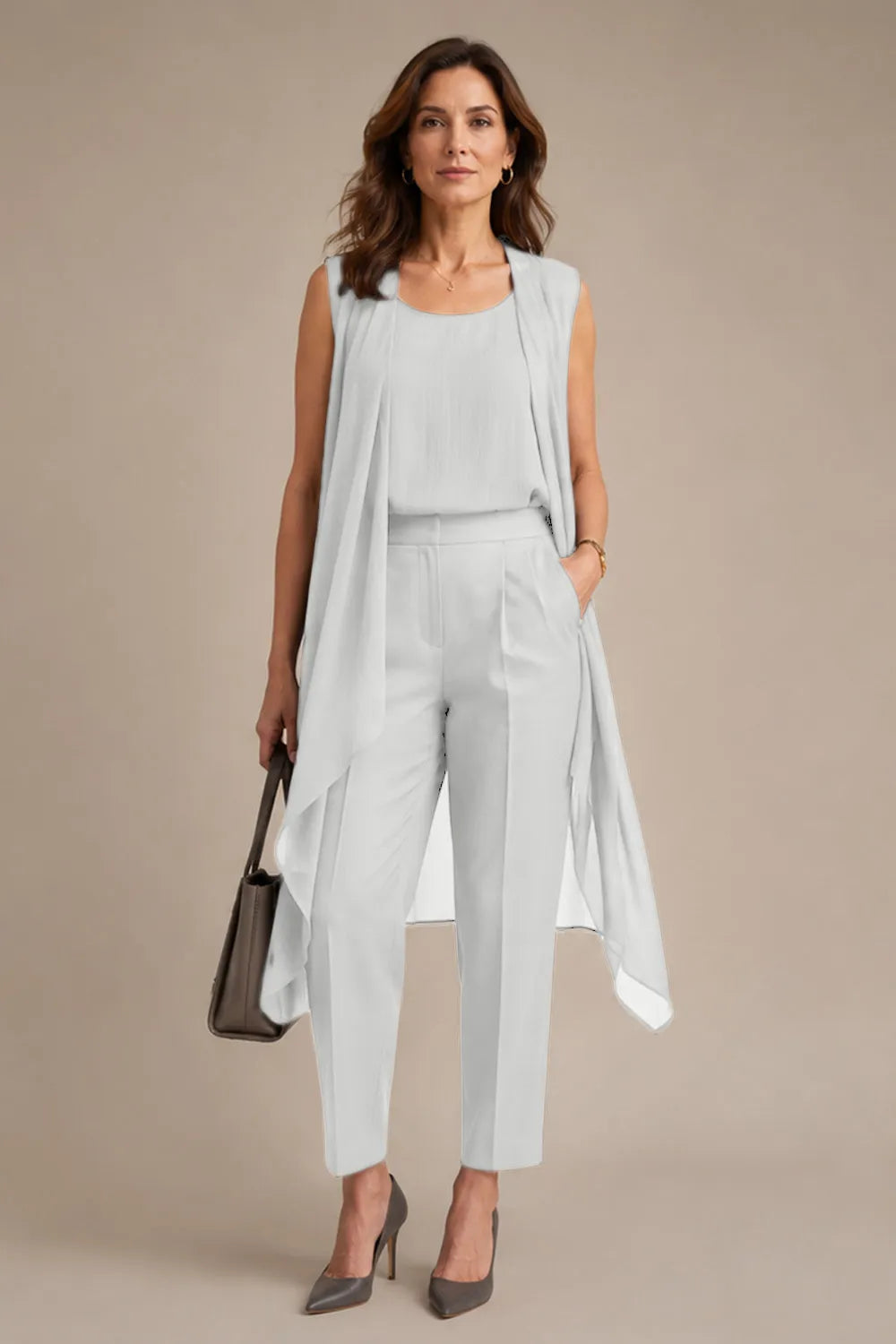 Sleeveless Formal Pant Suit with Flowing Overlay