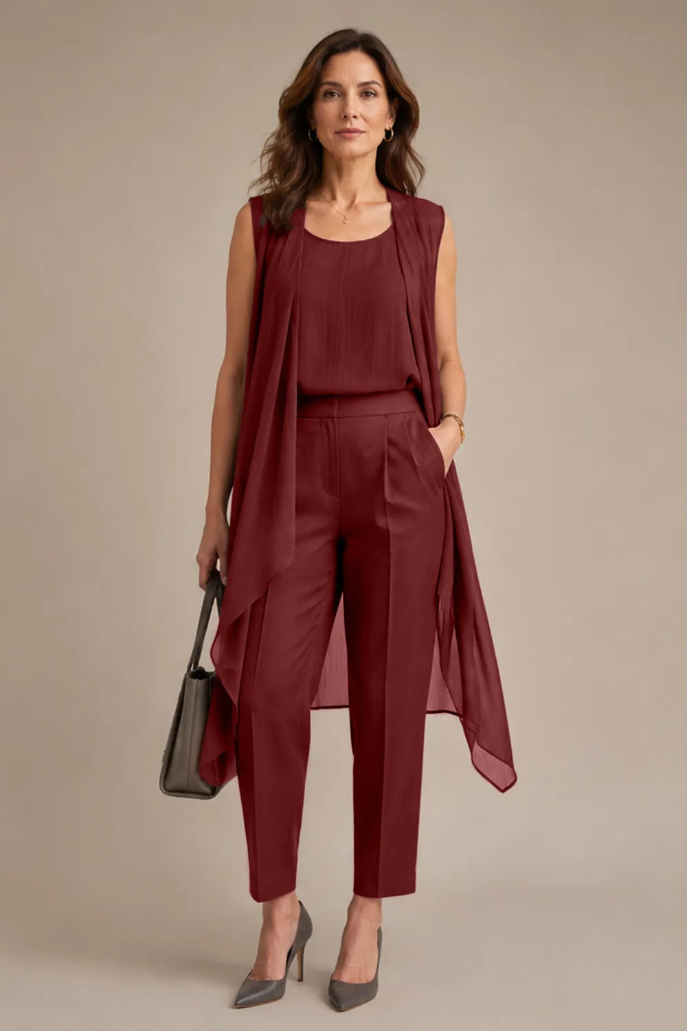 Sleeveless Formal Pant Suit with Flowing Overlay