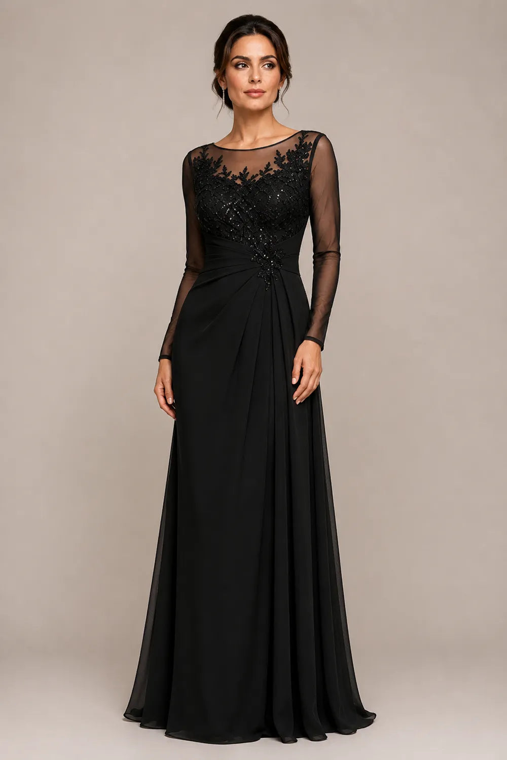 Sheer Lace Bodice A Line Evening Dress