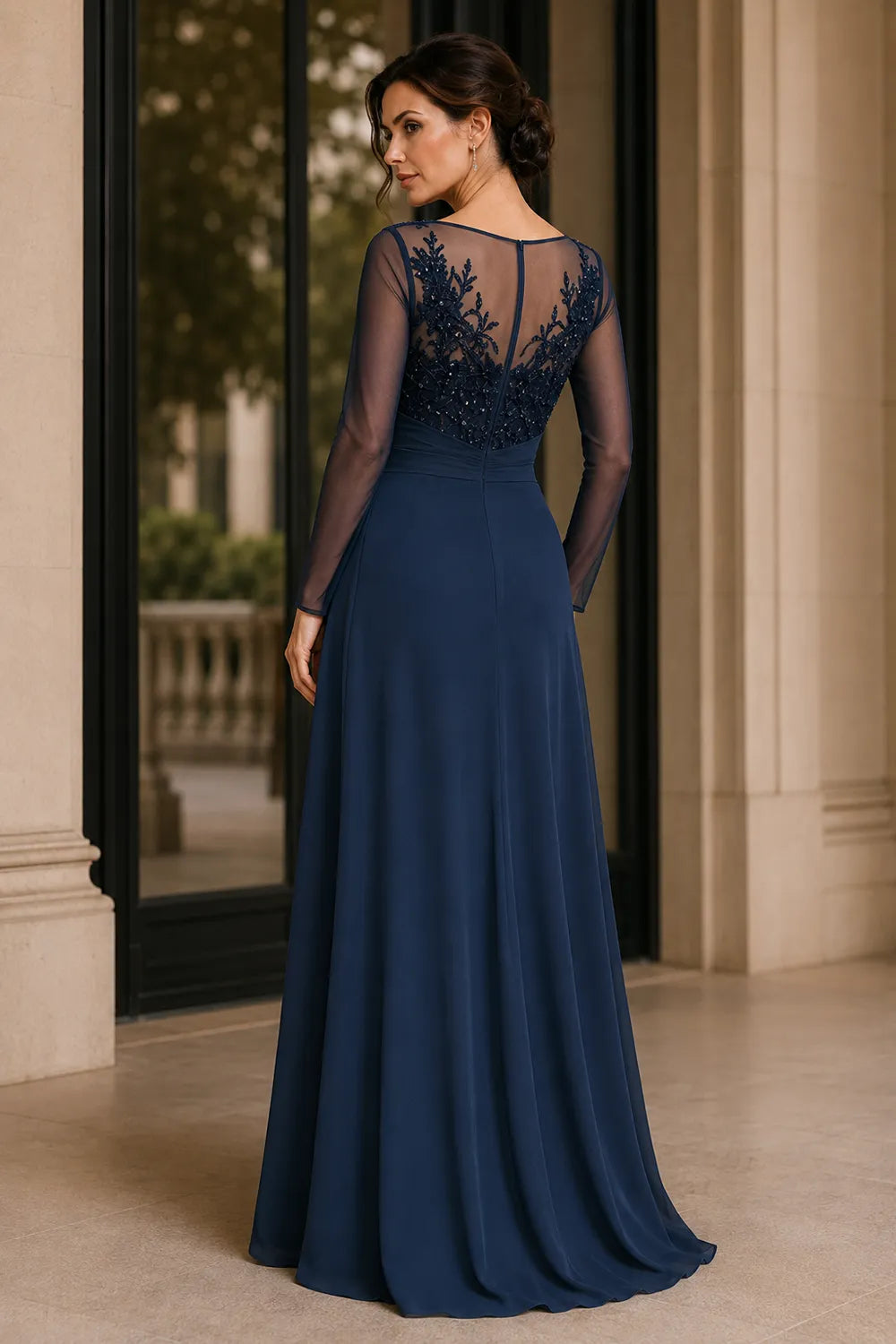 Sheer Lace Bodice A Line Evening Dress