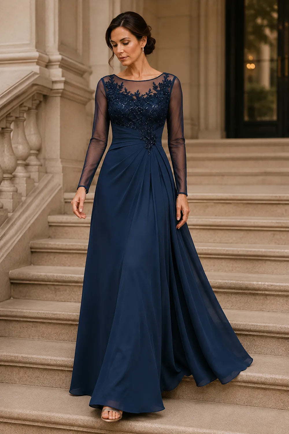 Sheer Lace Bodice A Line Evening Dress