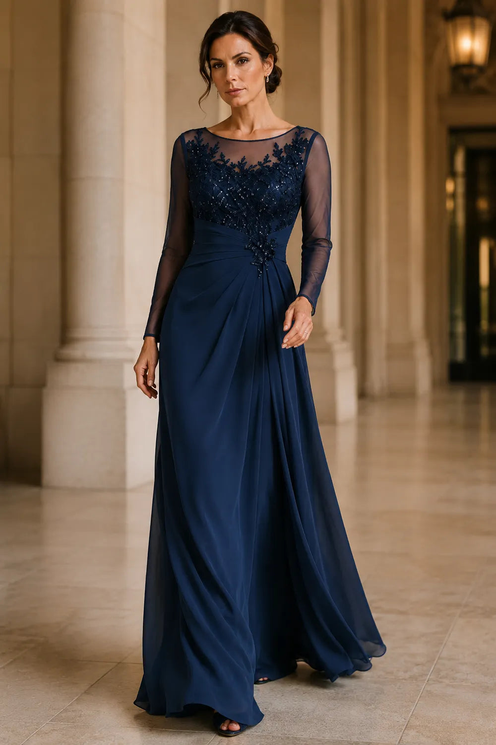 Sheer Lace Bodice A Line Evening Dress