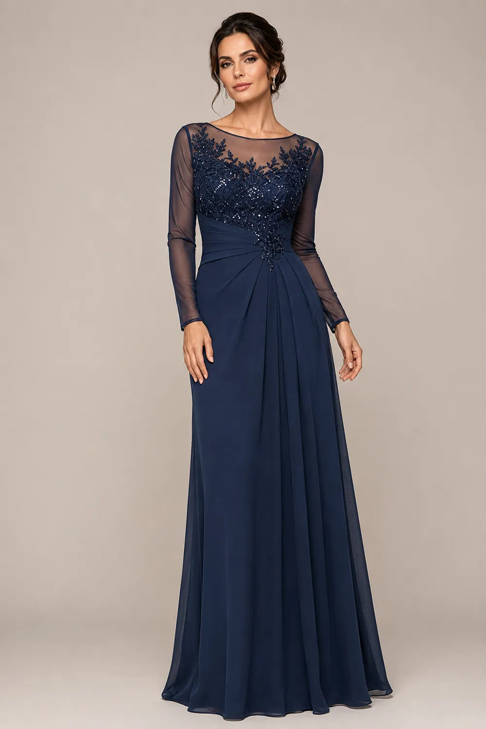 Sheer Lace Bodice A Line Evening Dress