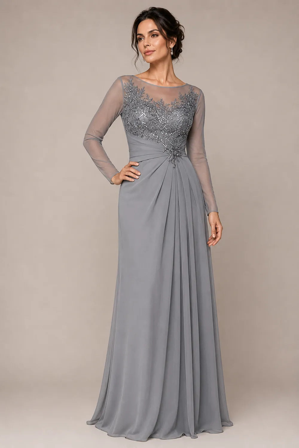 Sheer Lace Bodice A Line Evening Dress