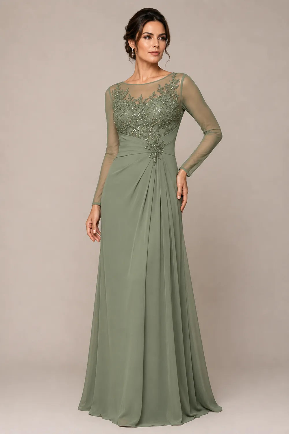 Sheer Lace Bodice A Line Evening Dress