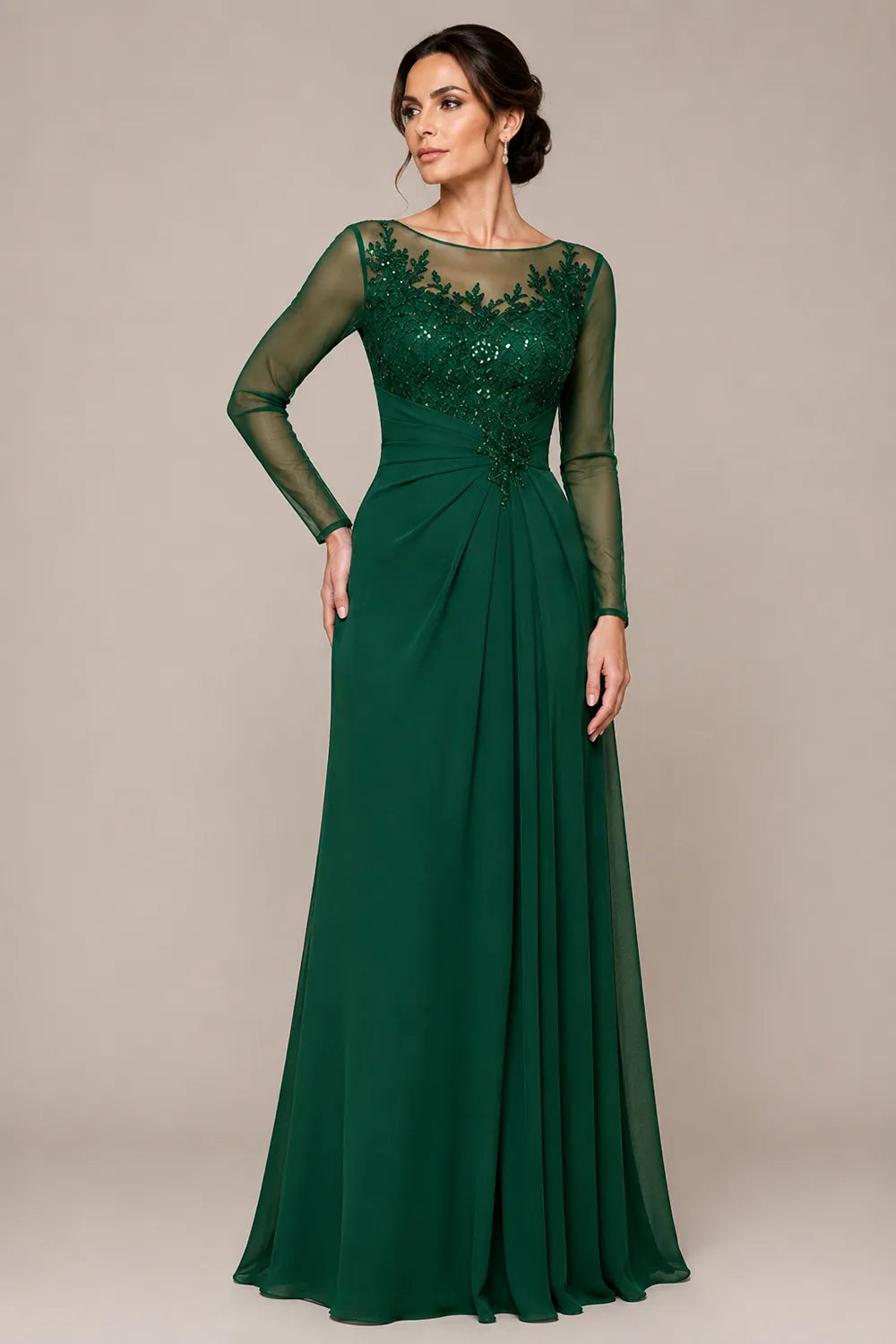 Sheer Lace Bodice A Line Evening Dress
