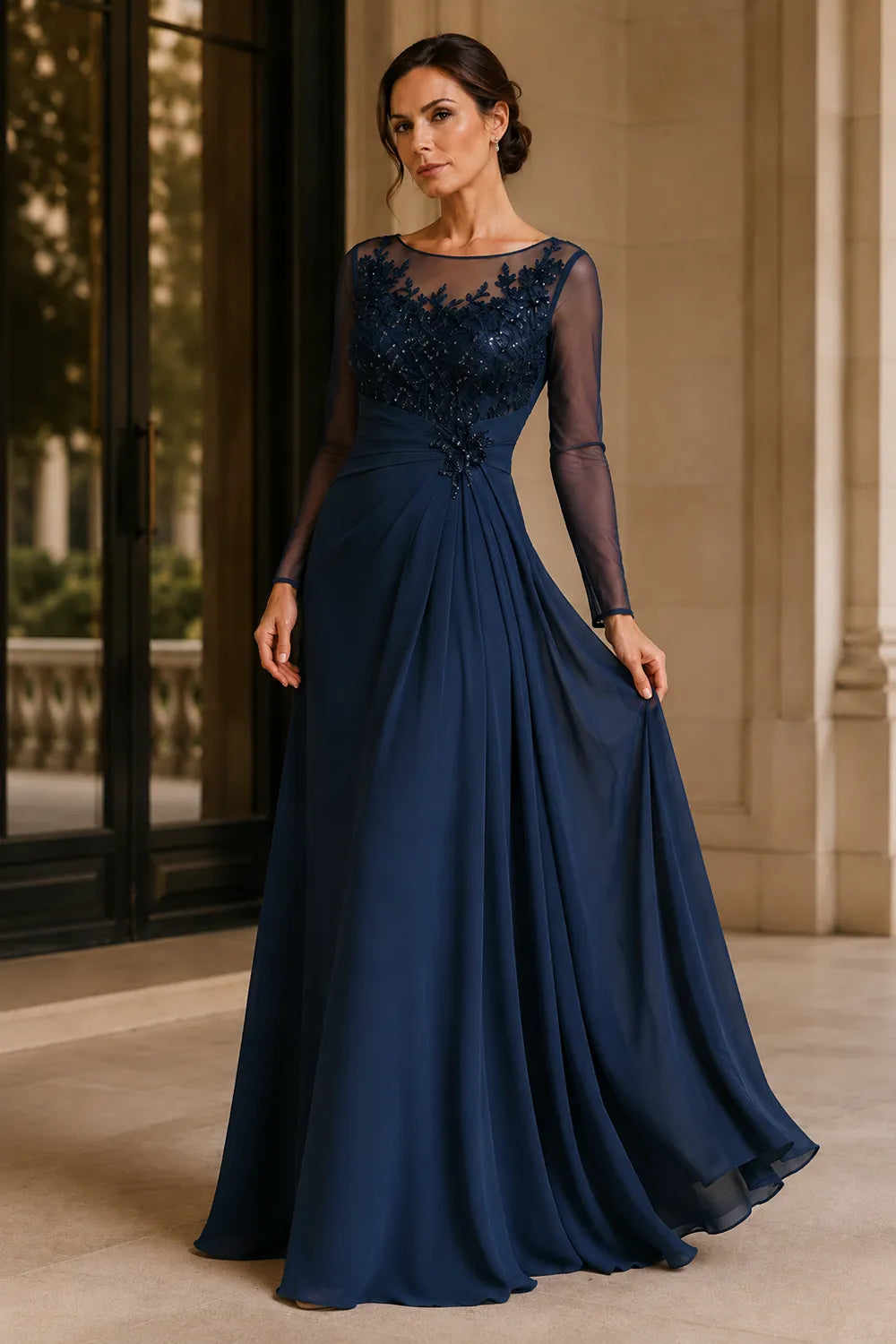 Sheer Lace Bodice A Line Evening Dress