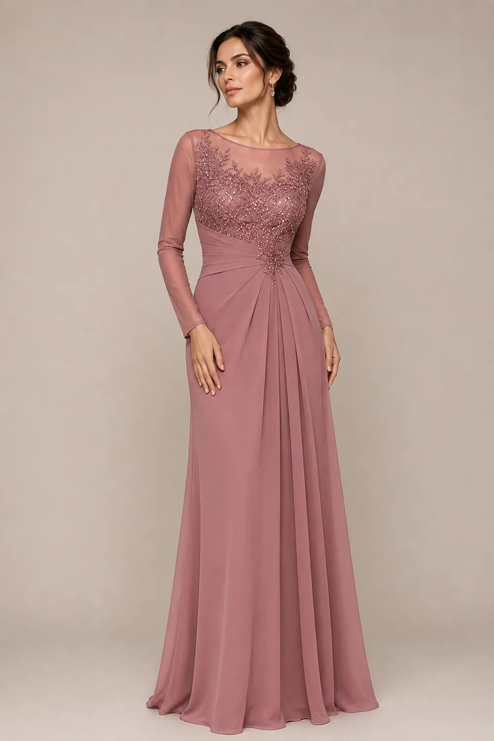 Sheer Lace Bodice A Line Evening Dress