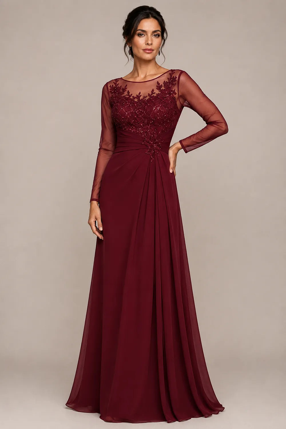 Sheer Lace Bodice A Line Evening Dress
