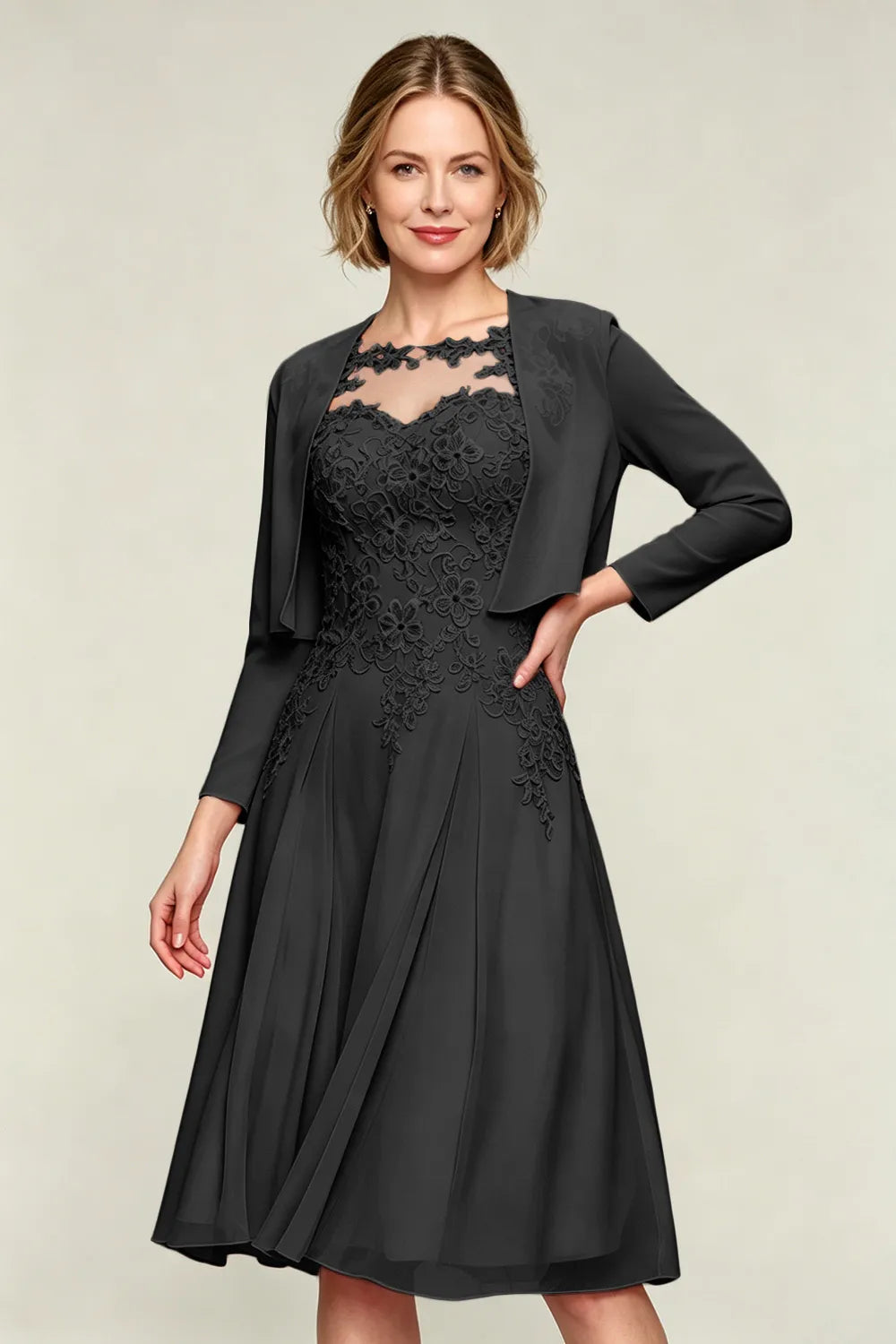 Elowen Lace Applique Chiffon Dress with Jacket