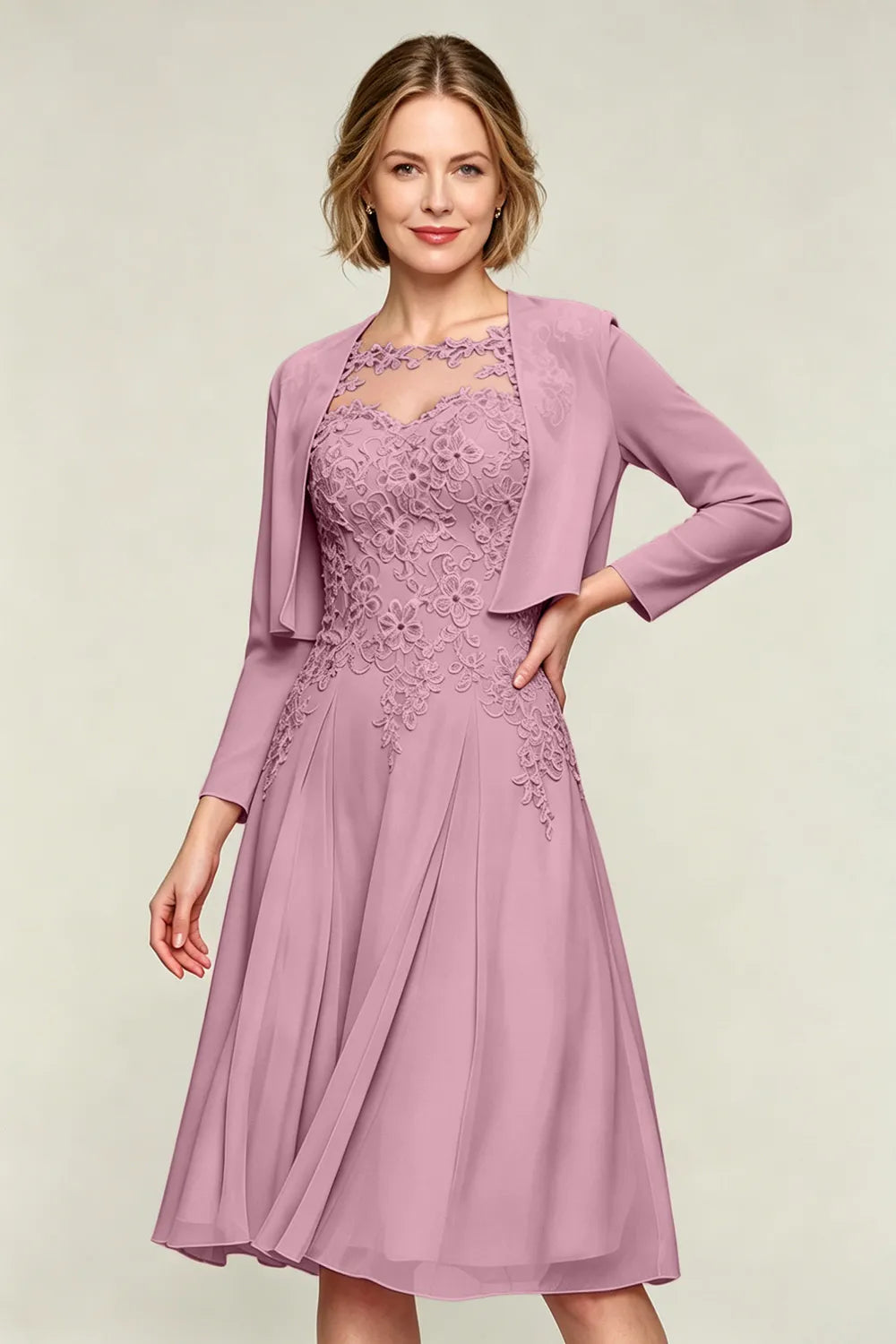 Elowen Lace Applique Chiffon Dress with Jacket