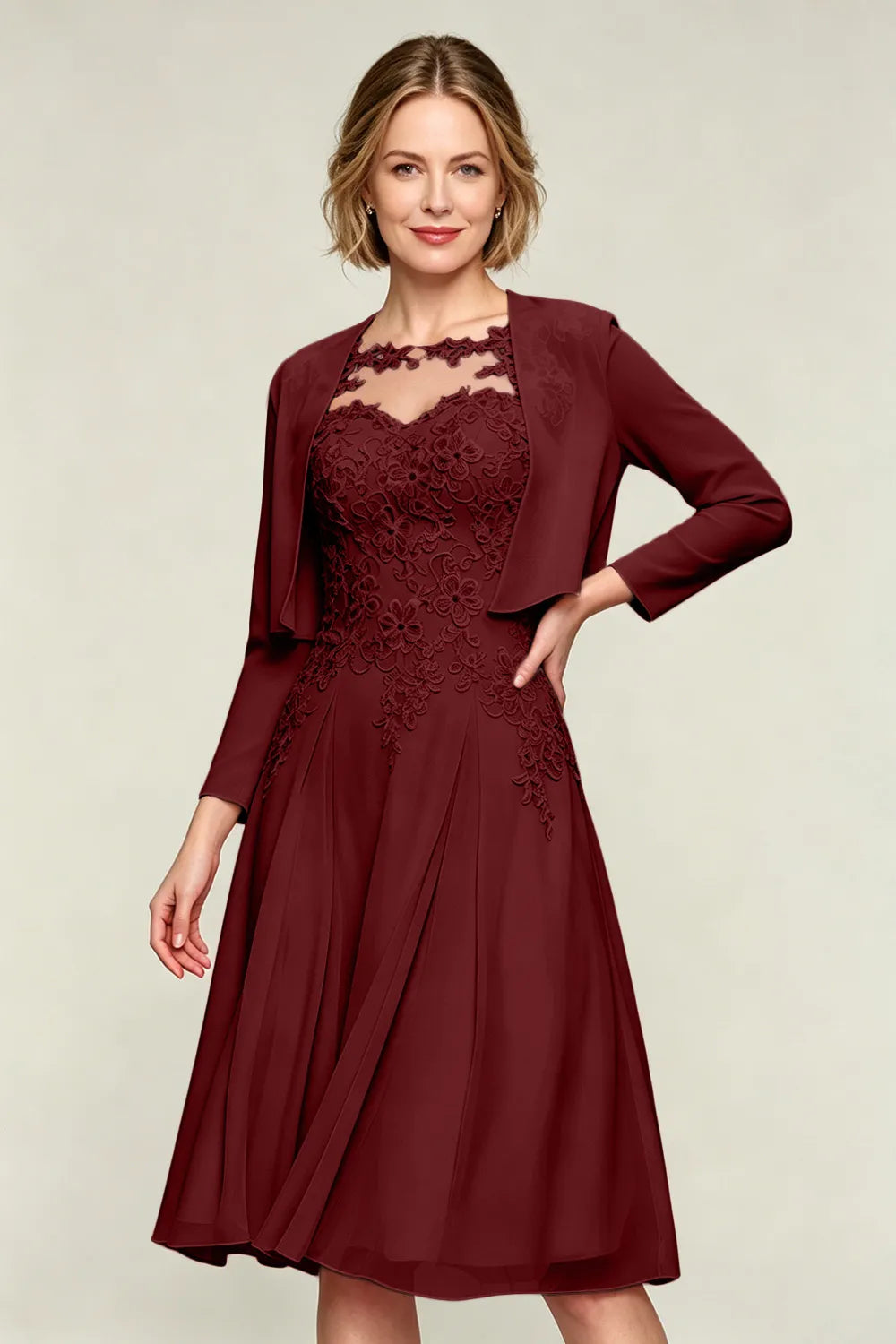 Elowen Lace Applique Chiffon Dress with Jacket