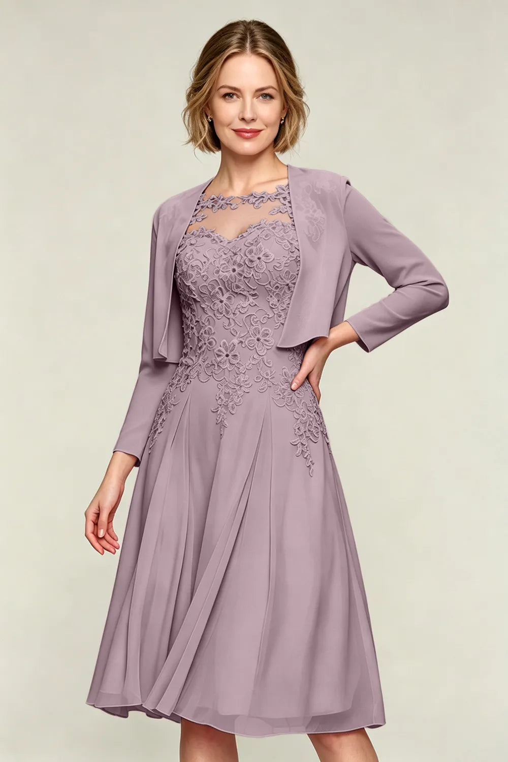 Elowen Lace Applique Chiffon Dress with Jacket