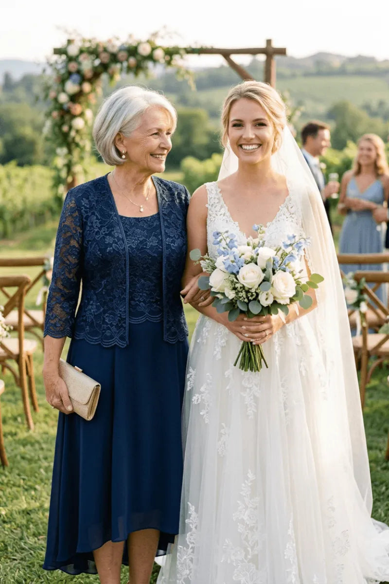 Elegant Lace Chiffon Midi Wedding Guest Dress with Jacket