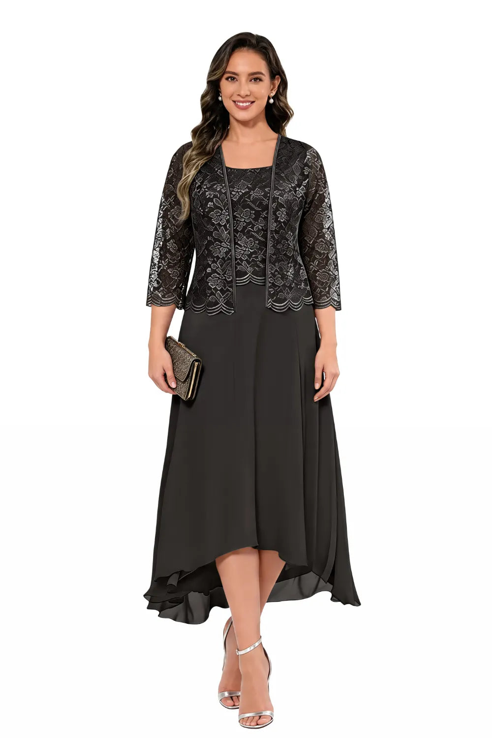 Elegant Lace Chiffon Midi Wedding Guest Dress with Jacket