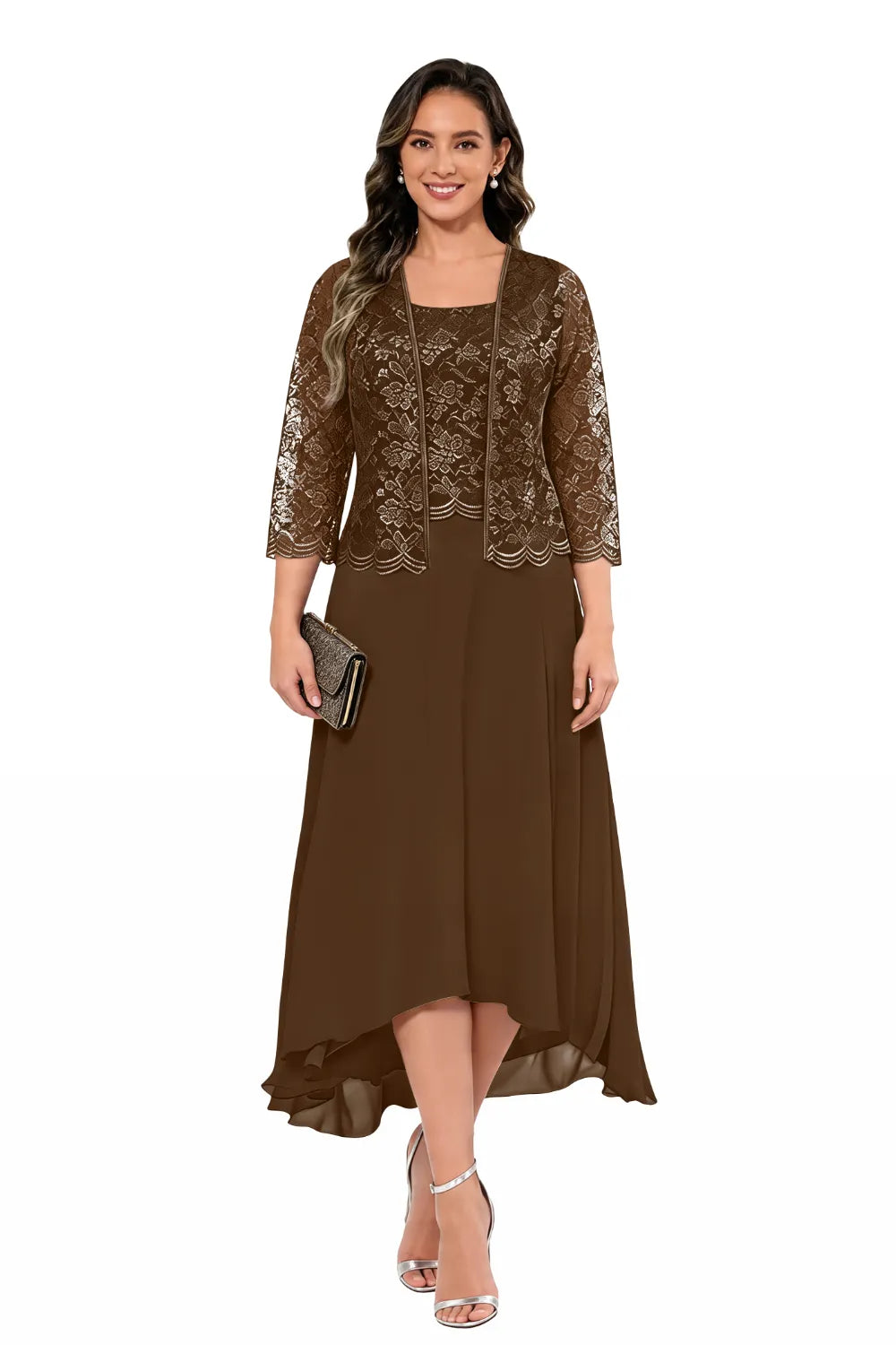 Elegant Lace Chiffon Midi Wedding Guest Dress with Jacket