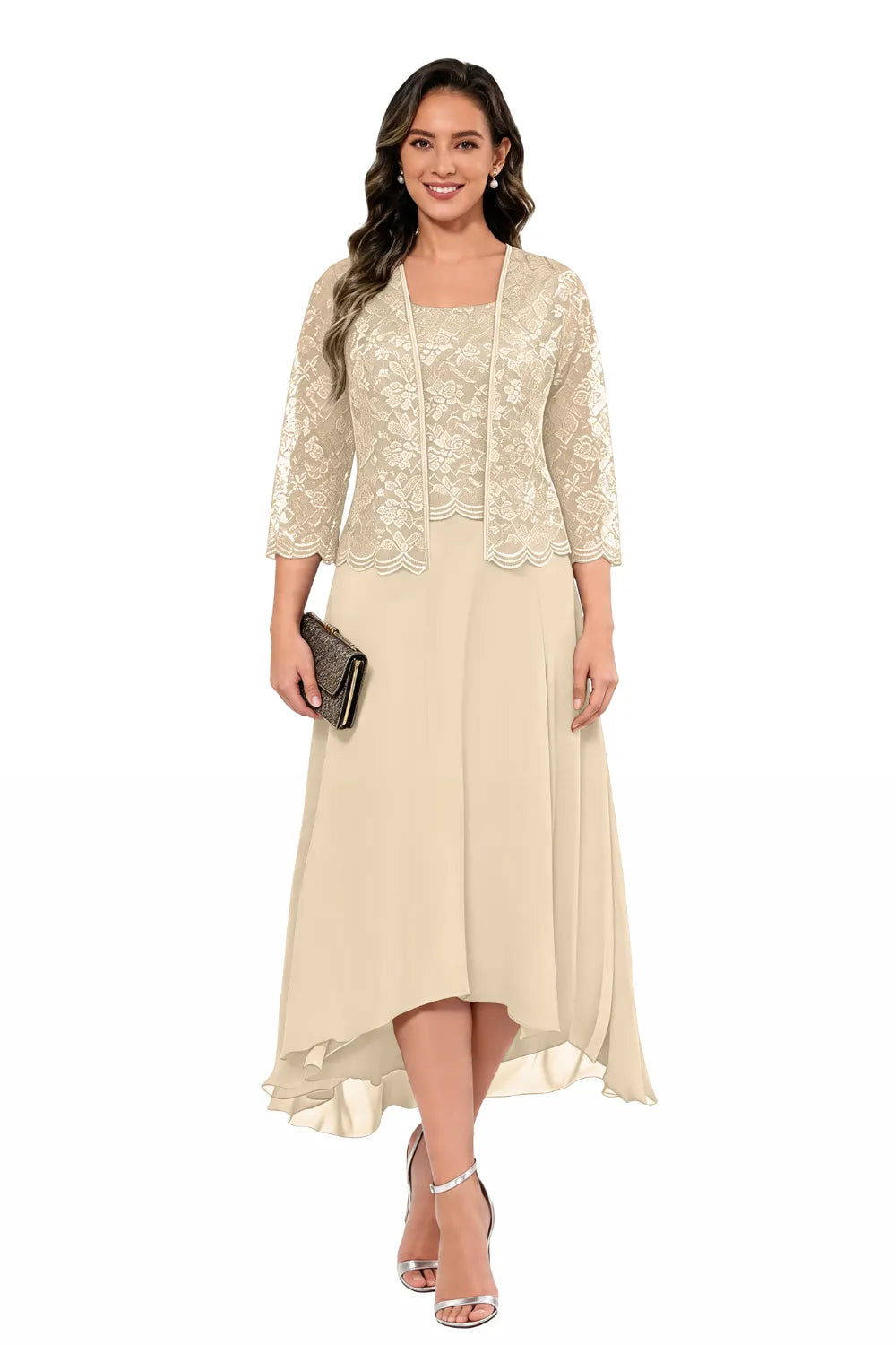 Elegant Lace Chiffon Midi Wedding Guest Dress with Jacket