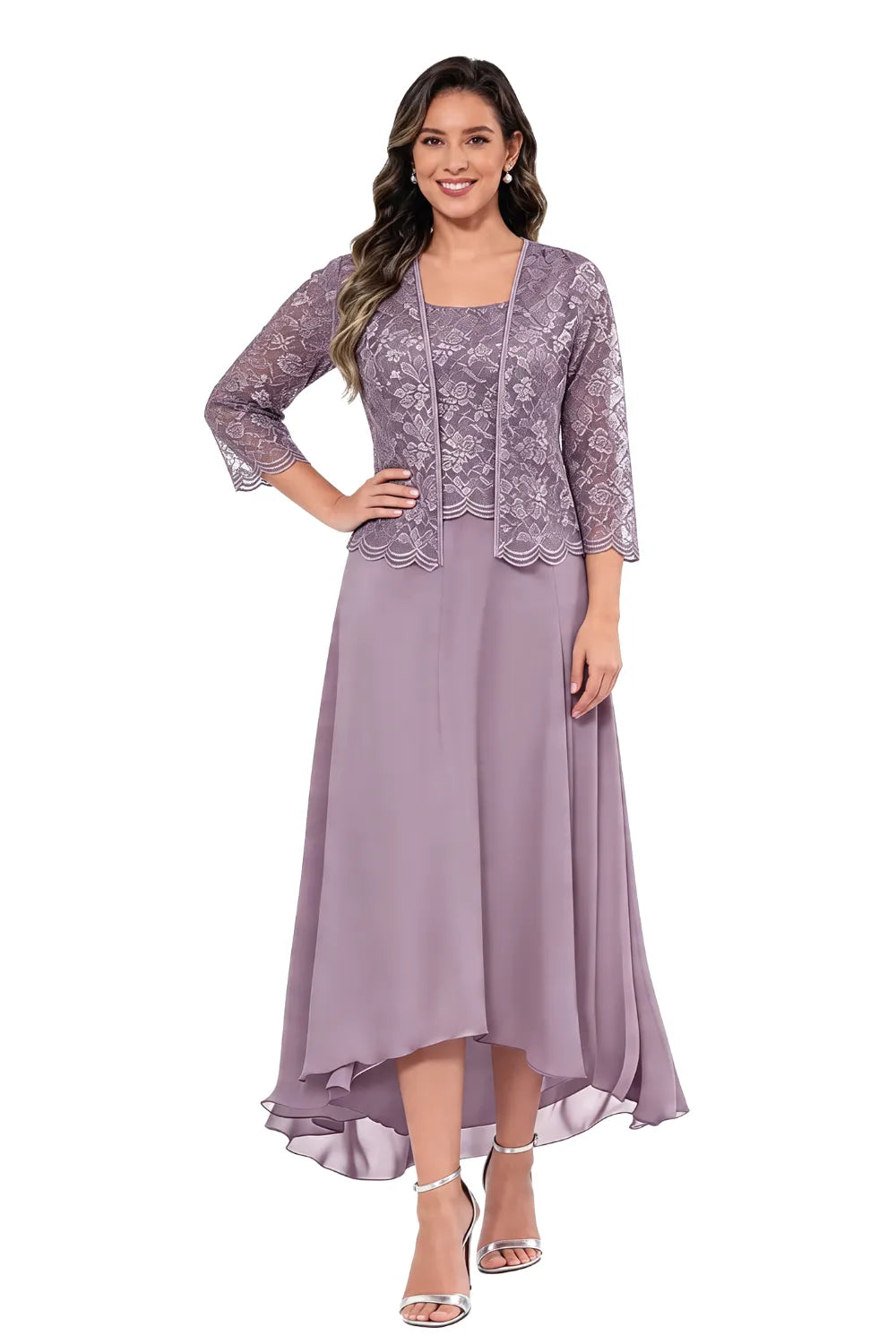 Elegant Lace Chiffon Midi Wedding Guest Dress with Jacket
