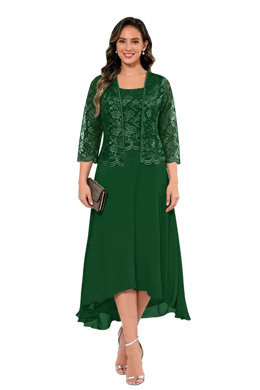 Elegant Lace Chiffon Midi Wedding Guest Dress with Jacket
