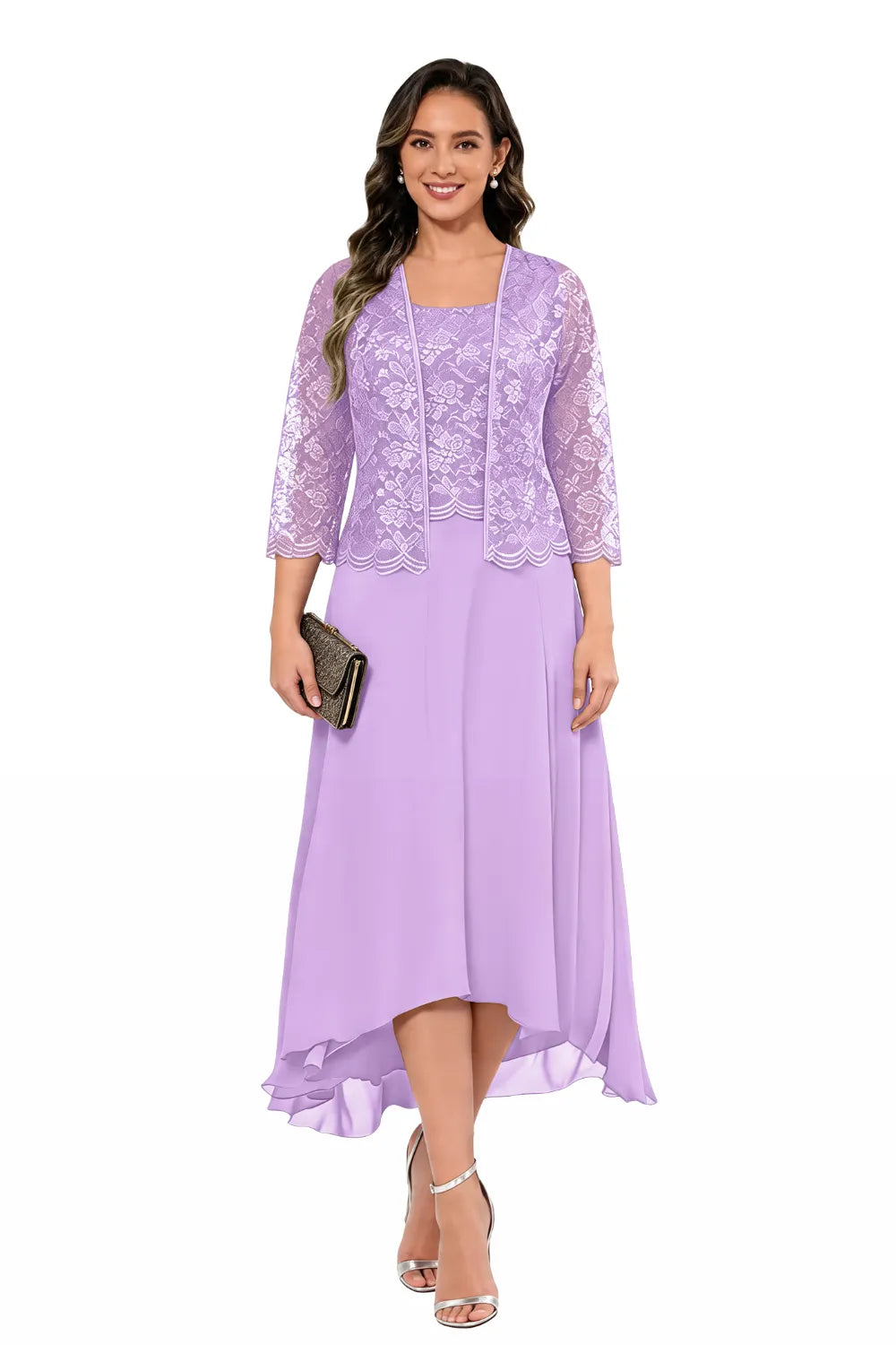 Elegant Lace Chiffon Midi Wedding Guest Dress with Jacket
