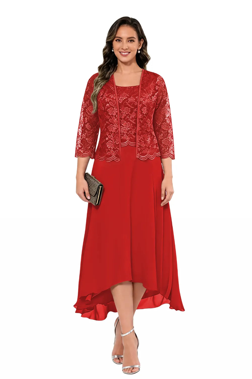 Elegant Lace Chiffon Midi Wedding Guest Dress with Jacket