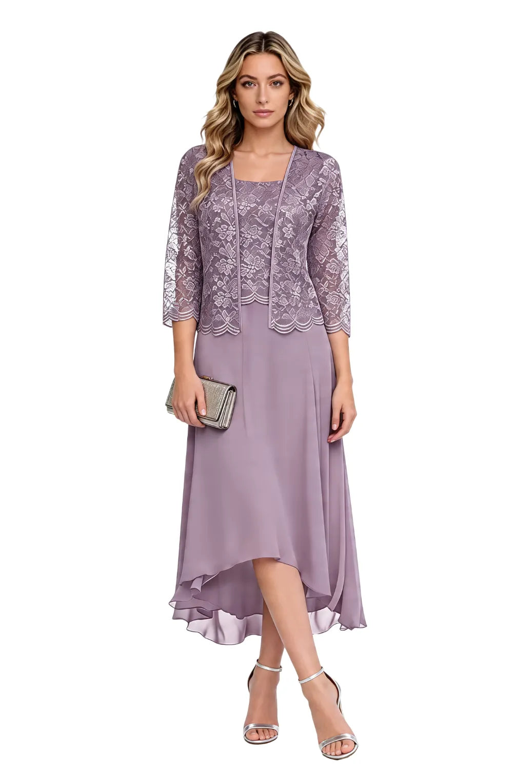 Elegant Lace Chiffon Midi Wedding Guest Dress with Jacket