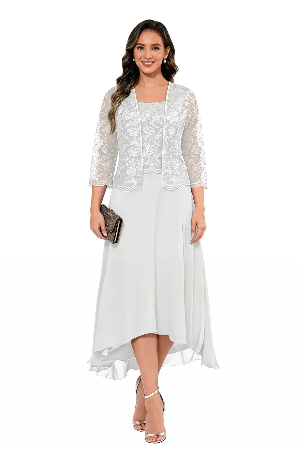 Elegant Lace Chiffon Midi Wedding Guest Dress with Jacket