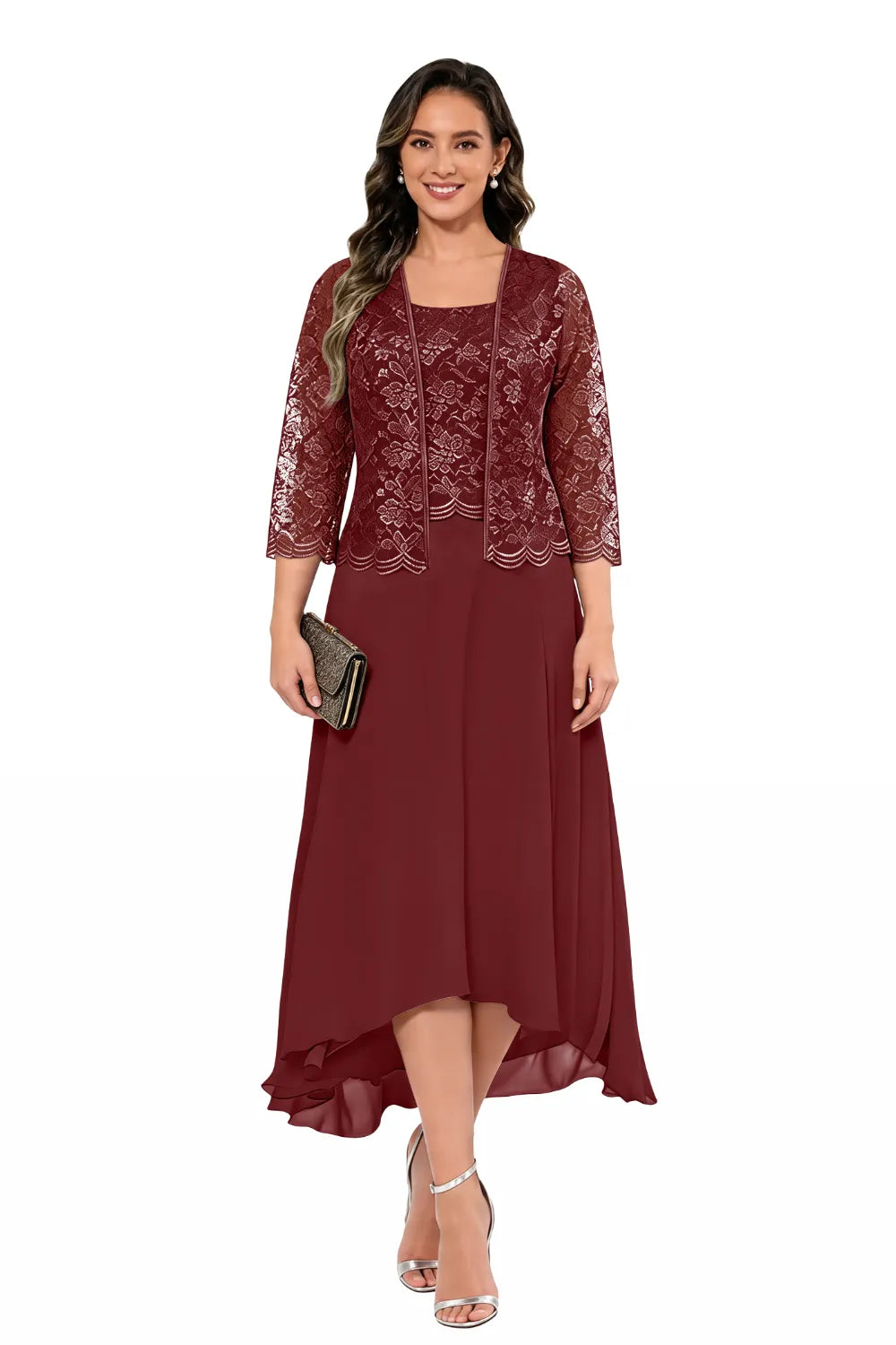 Elegant Lace Chiffon Midi Wedding Guest Dress with Jacket