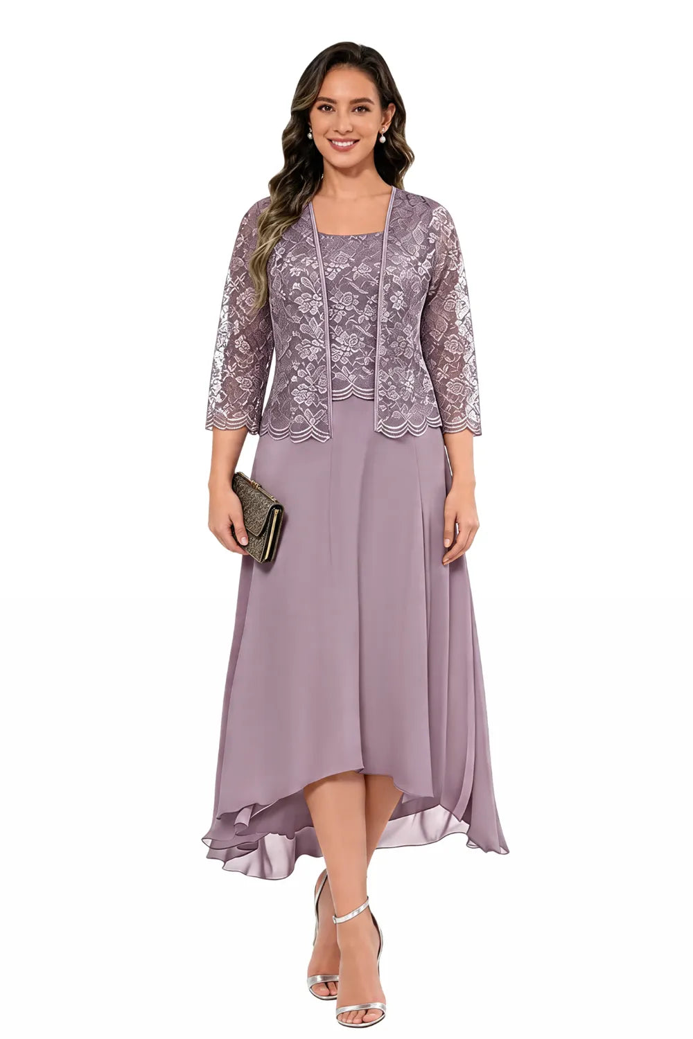 Elegant Lace Chiffon Midi Wedding Guest Dress with Jacket