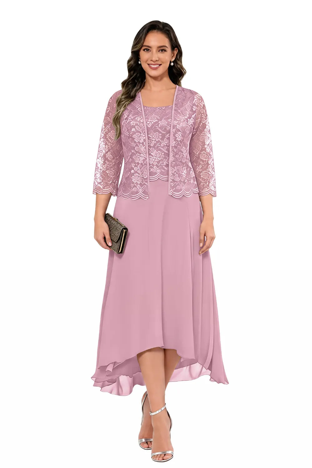 Elegant Lace Chiffon Midi Wedding Guest Dress with Jacket