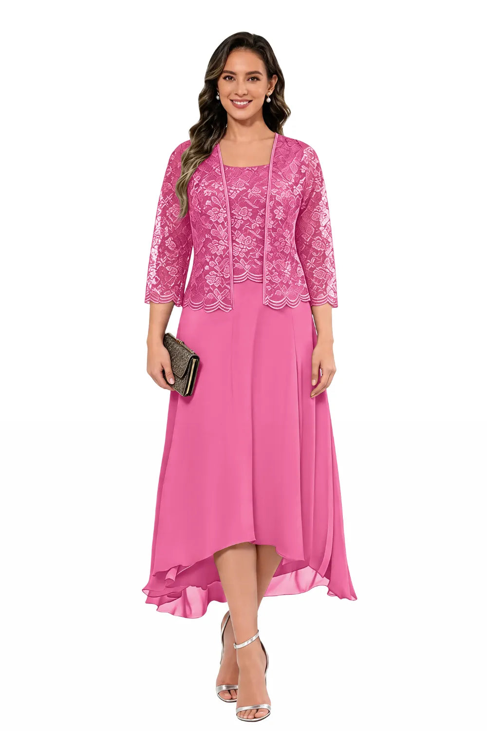 Elegant Lace Chiffon Midi Wedding Guest Dress with Jacket