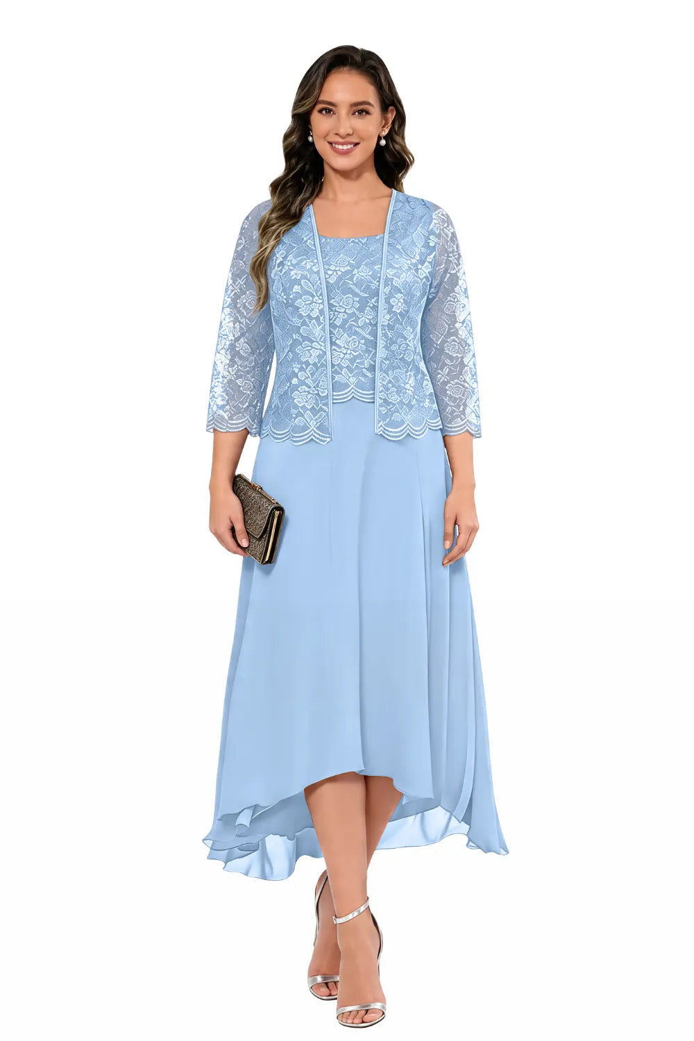Elegant Lace Chiffon Midi Wedding Guest Dress with Jacket