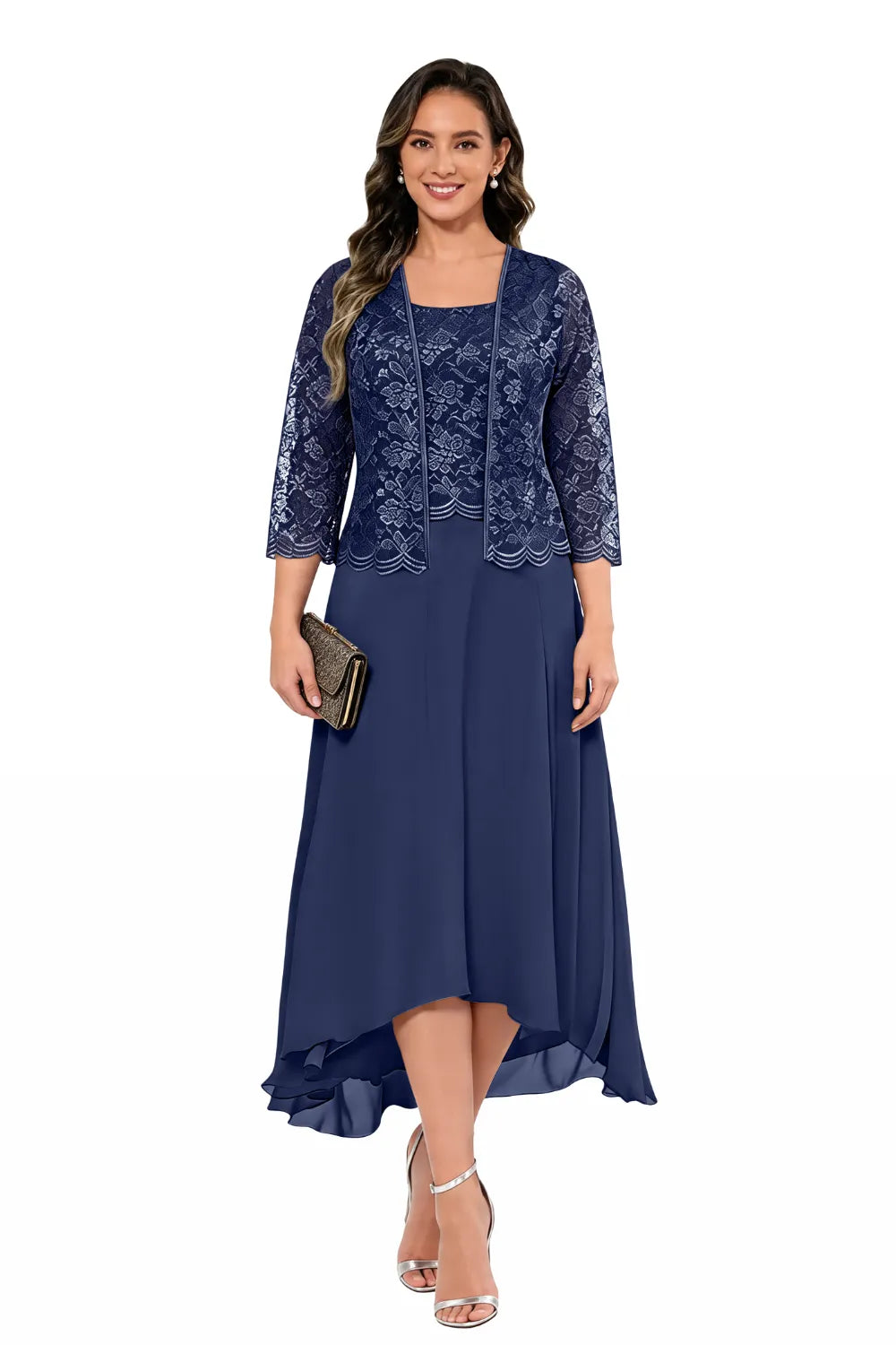 Elegant Lace Chiffon Midi Wedding Guest Dress with Jacket