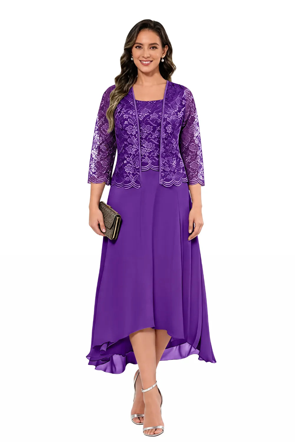 Elegant Lace Chiffon Midi Wedding Guest Dress with Jacket