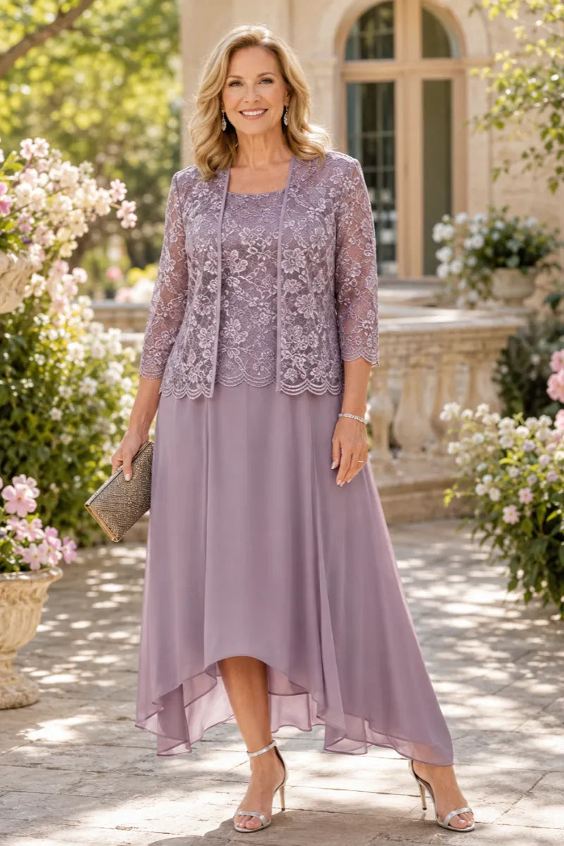 Elegant Lace Chiffon Midi Wedding Guest Dress with Jacket