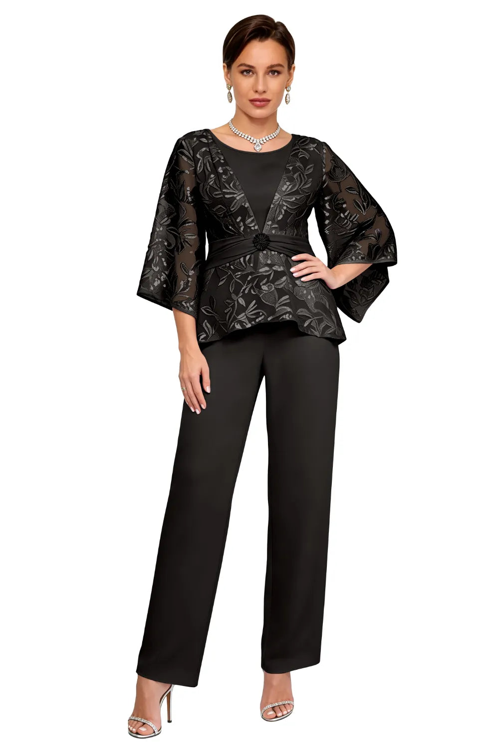 Sheer Bell Sleeve Embellished Evening Pant Set