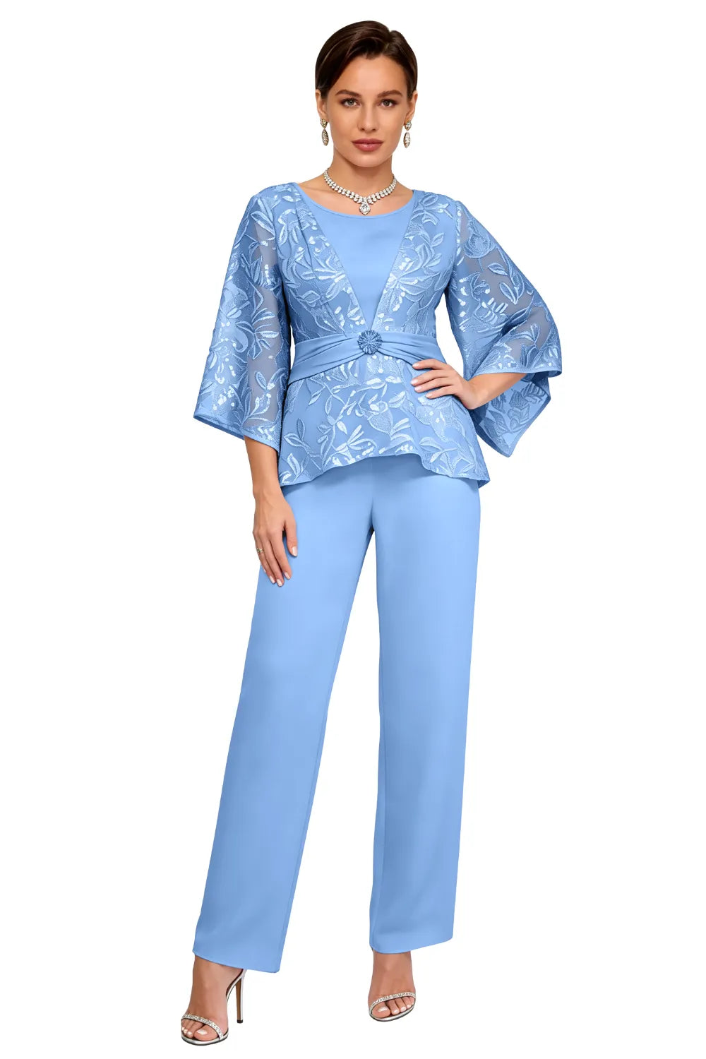 Sheer Bell Sleeve Embellished Evening Pant Set