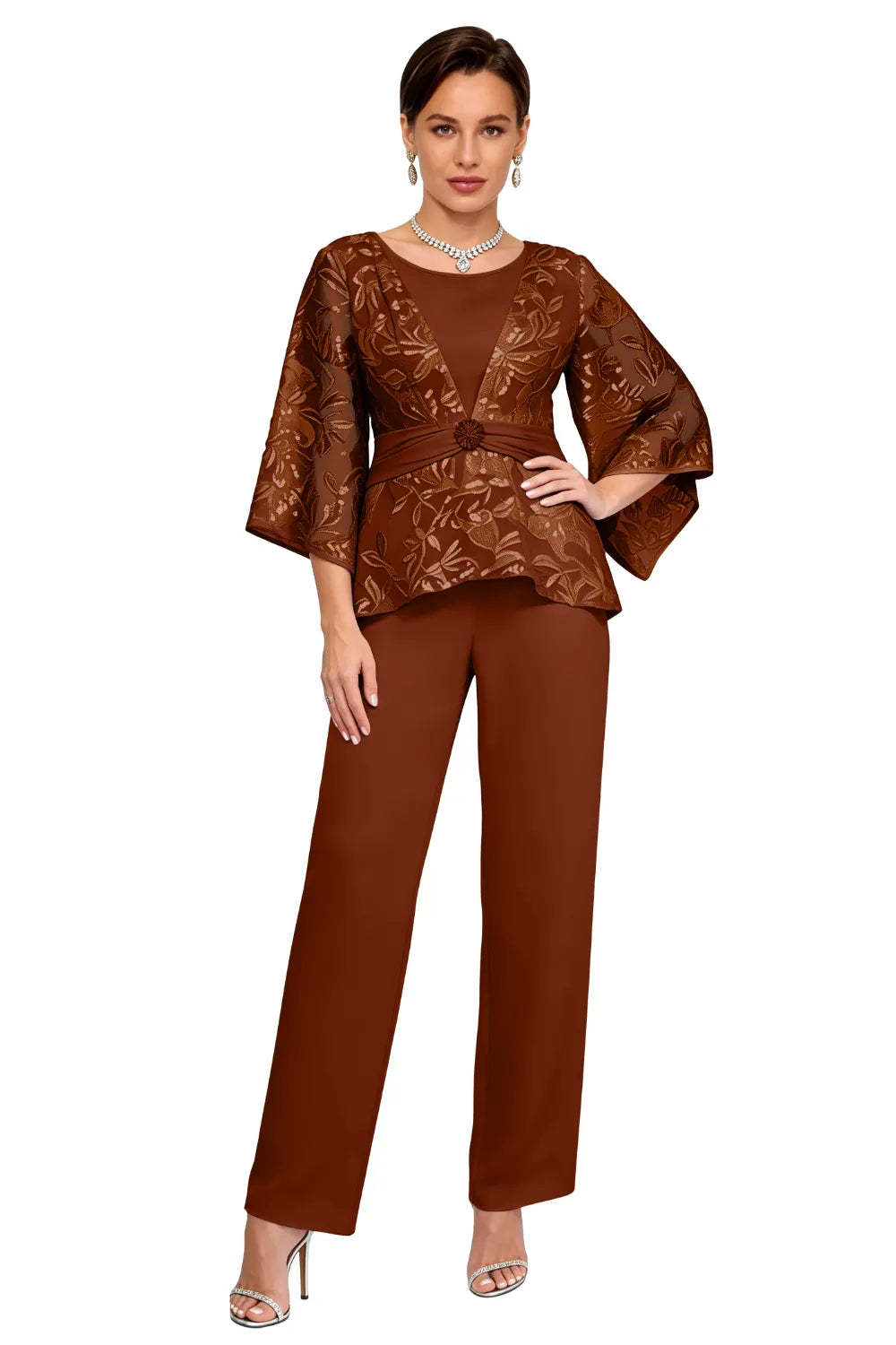 Sheer Bell Sleeve Embellished Evening Pant Set