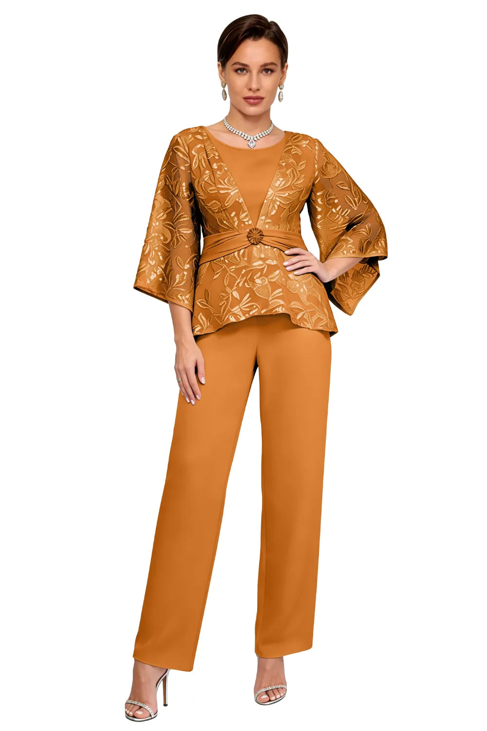 Sheer Bell Sleeve Embellished Evening Pant Set