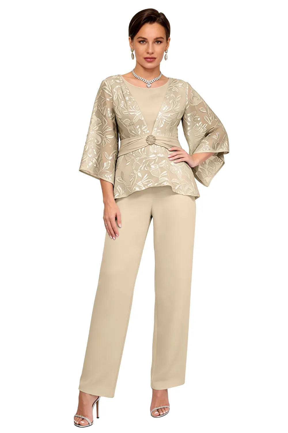Sheer Bell Sleeve Embellished Evening Pant Set