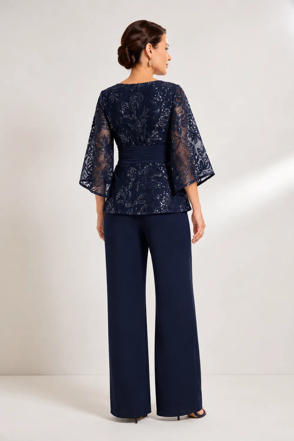 Sheer Bell Sleeve Embellished Evening Pant Set