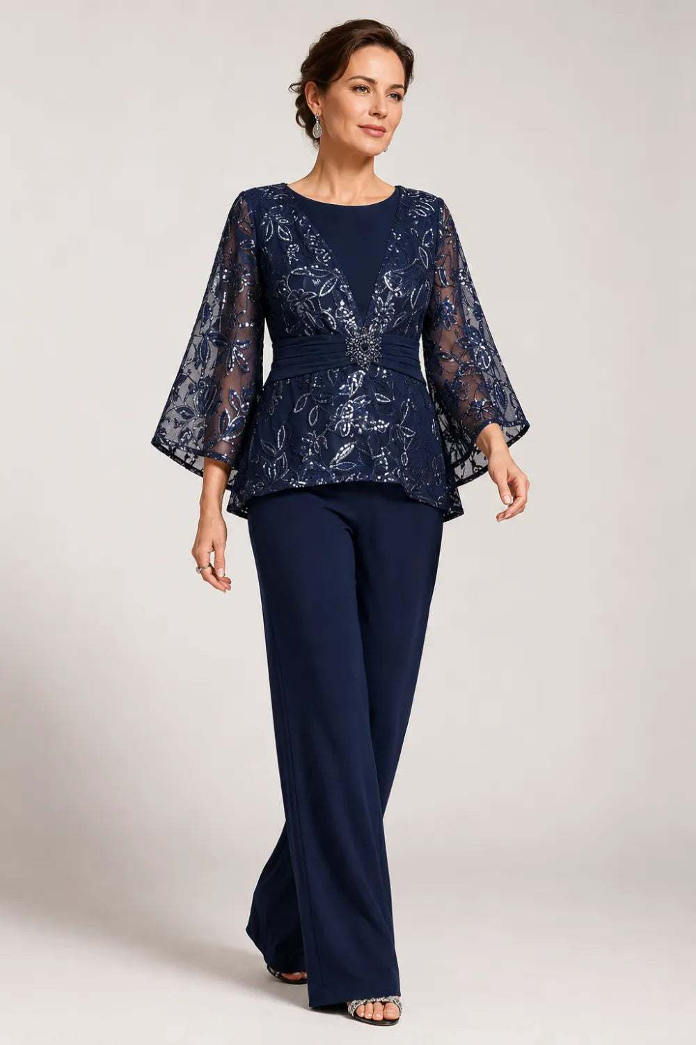Sheer Bell Sleeve Embellished Evening Pant Set