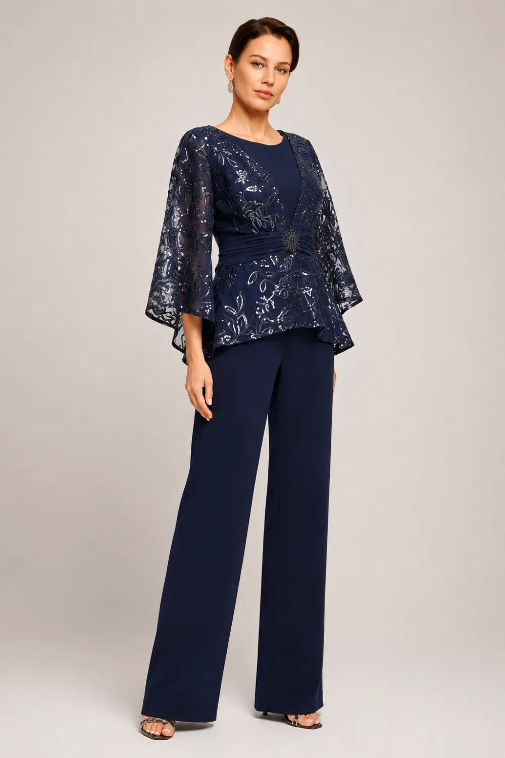 Sheer Bell Sleeve Embellished Evening Pant Set