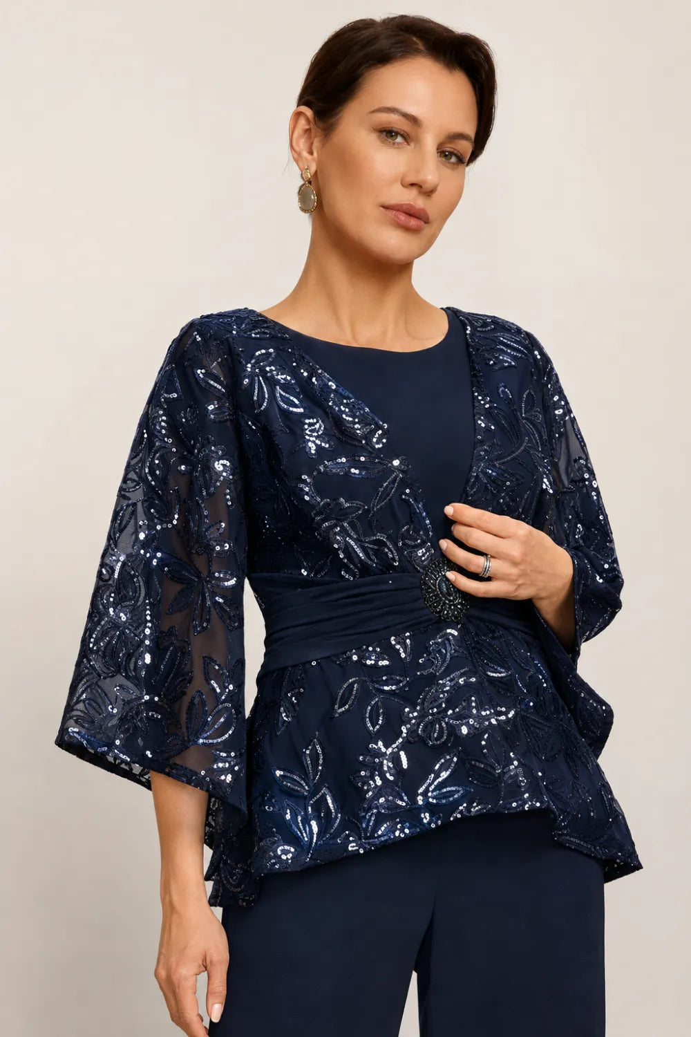 Sheer Bell Sleeve Embellished Evening Pant Set